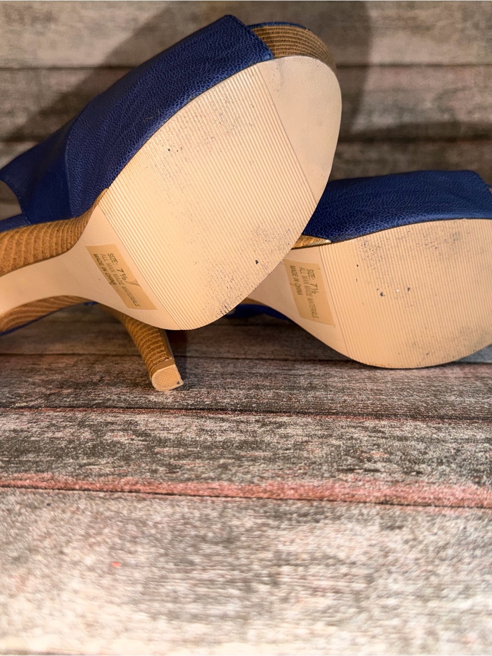 Qupid Navy Blue Peep-Toe Slingback Platform Heels with Wood-Look Platform - Picture 8 of 8